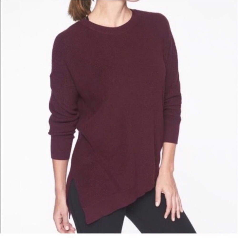 ATHLETA Rest Day Sweater S Plum Purple Ribbed Slit Asymmetrical Hem EUC B43